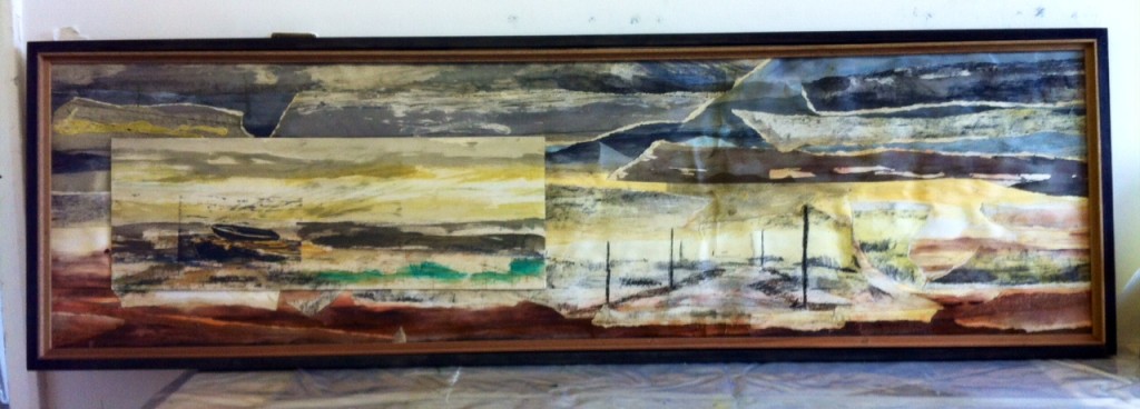 Oare Salt Marsh 1, woodcut on mixed media collage