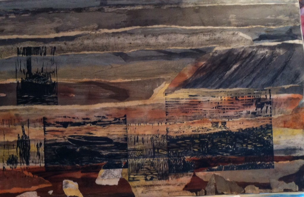 Oare Salt Marsh 3, woodcut, mixed media collage
