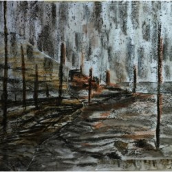 Track to the Estuary, ink, wax and torn paper